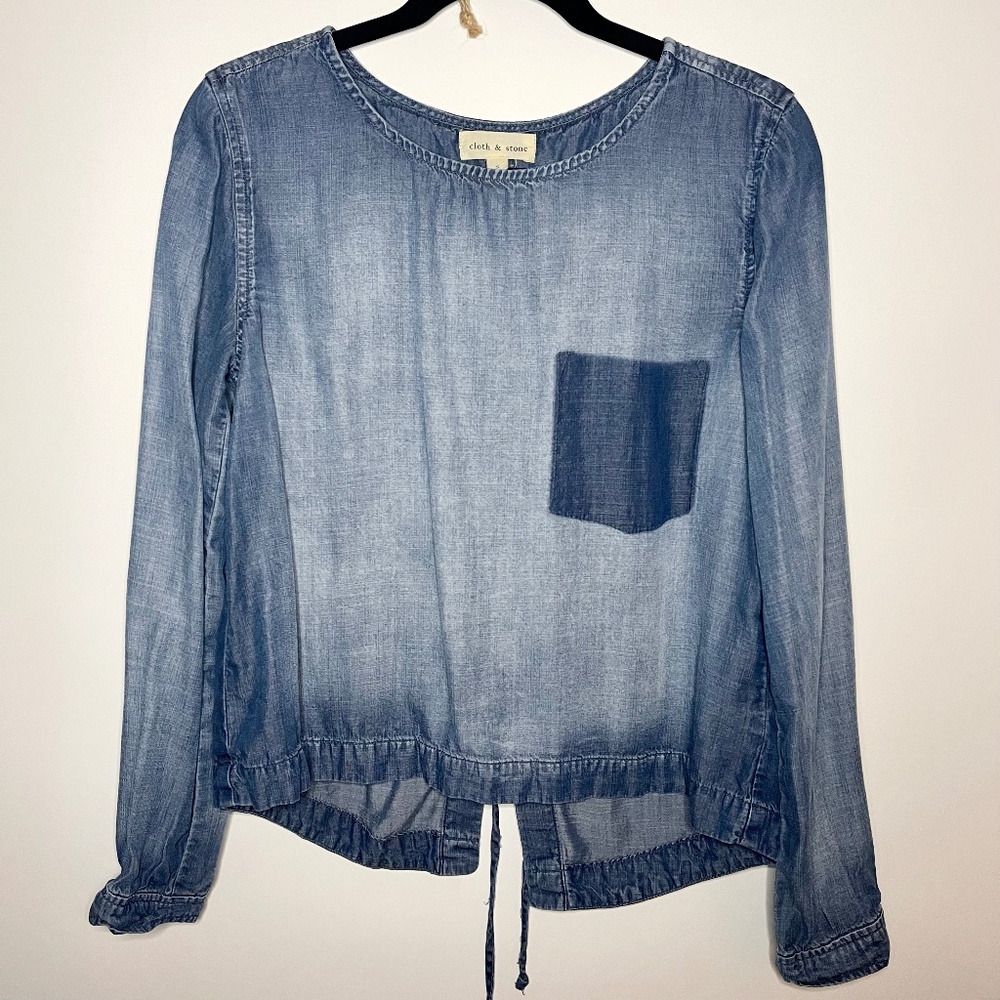 Anthropologie Cloth & Stone Chambray Long Sleeve Lace Up Back Top
